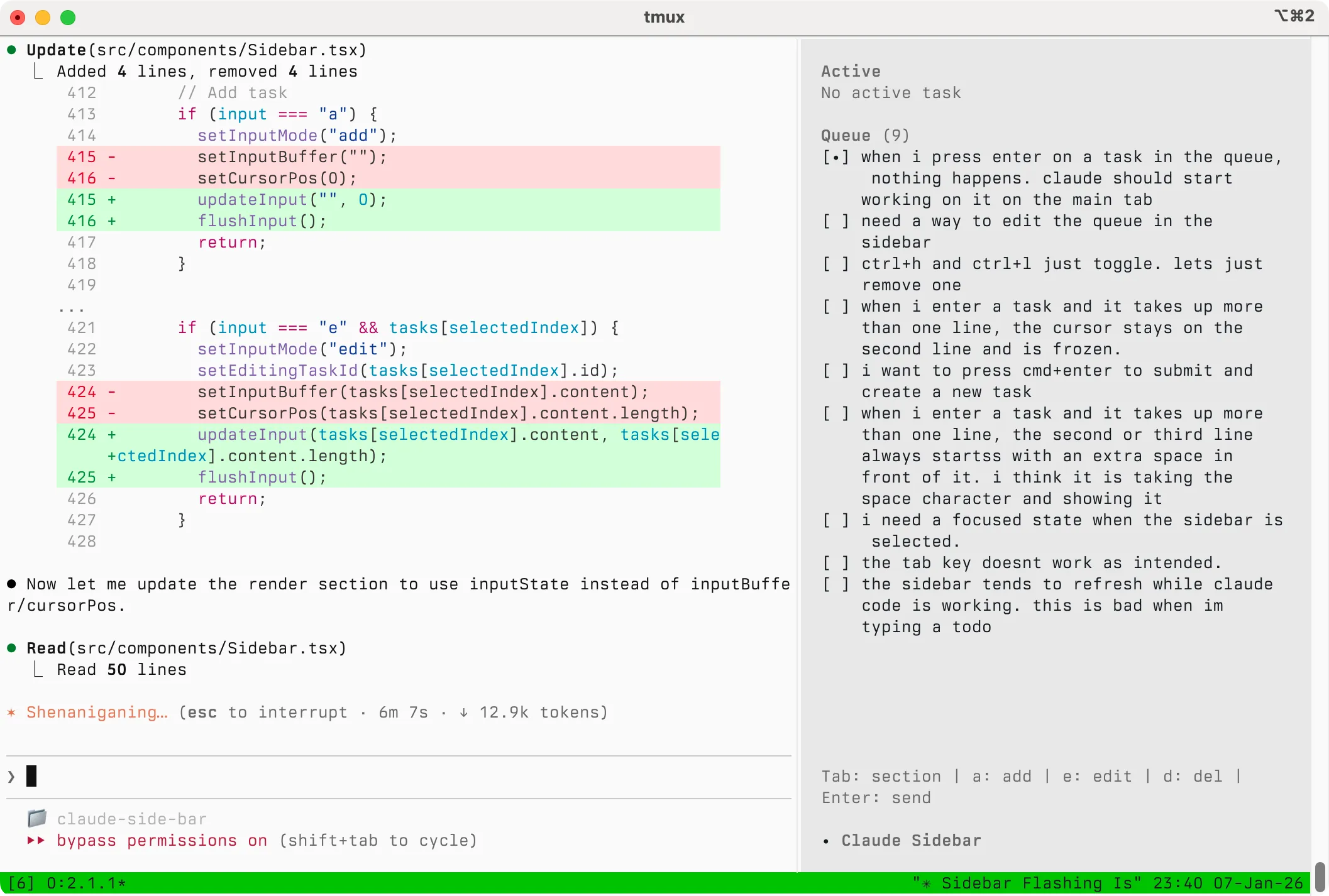 Claude Code Sidebar showing a task queue alongside code changes in tmux