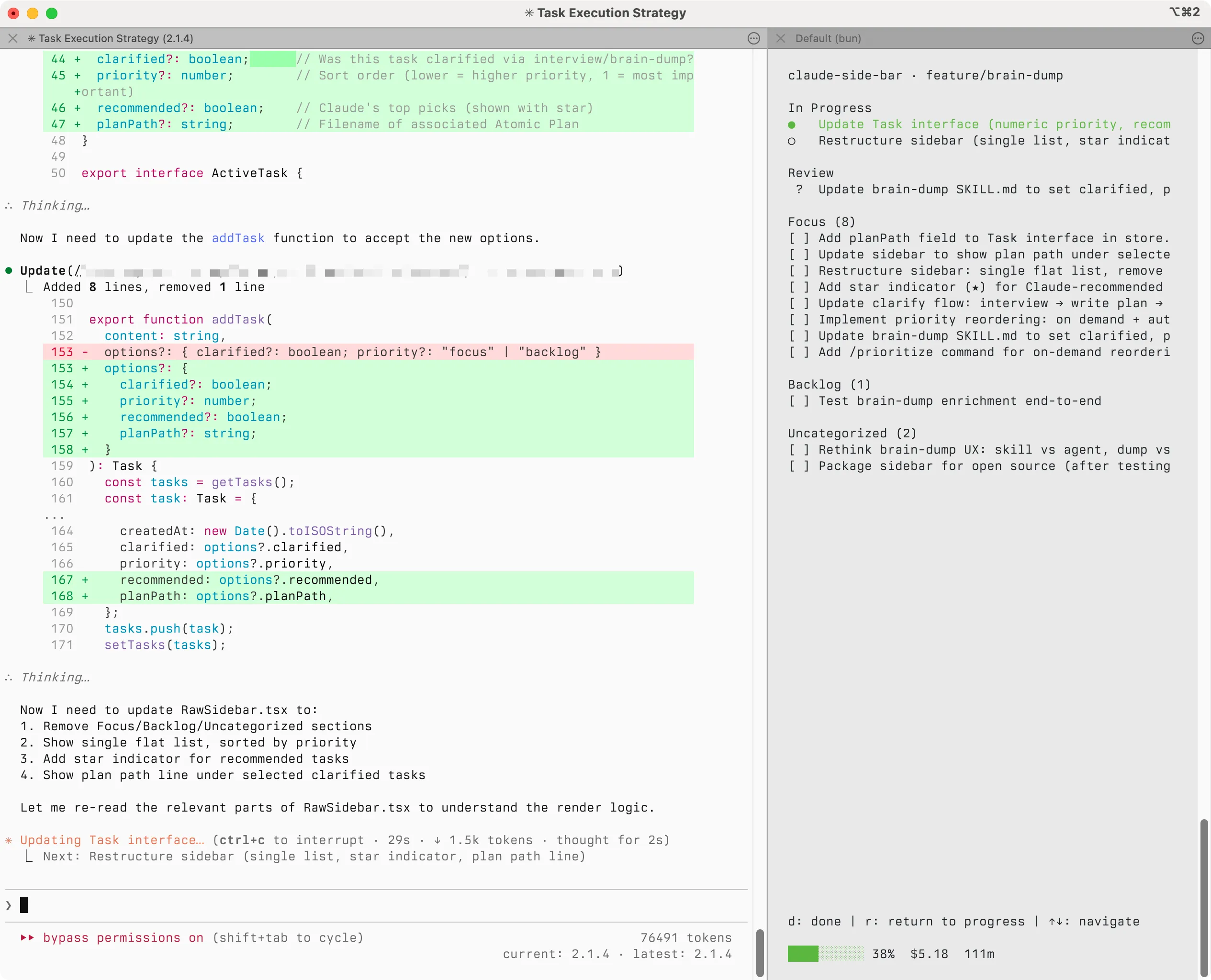 Updated Claude Code Sidebar with priority sections and clarification status